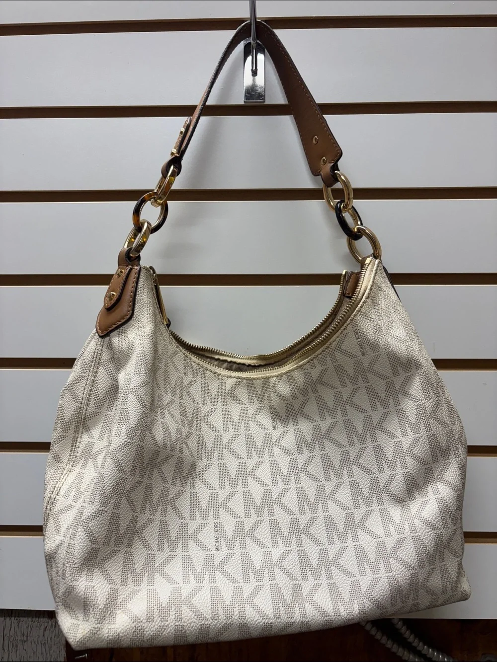 Michael Kors Cream and Brown MK Logo Shoulder Hobo